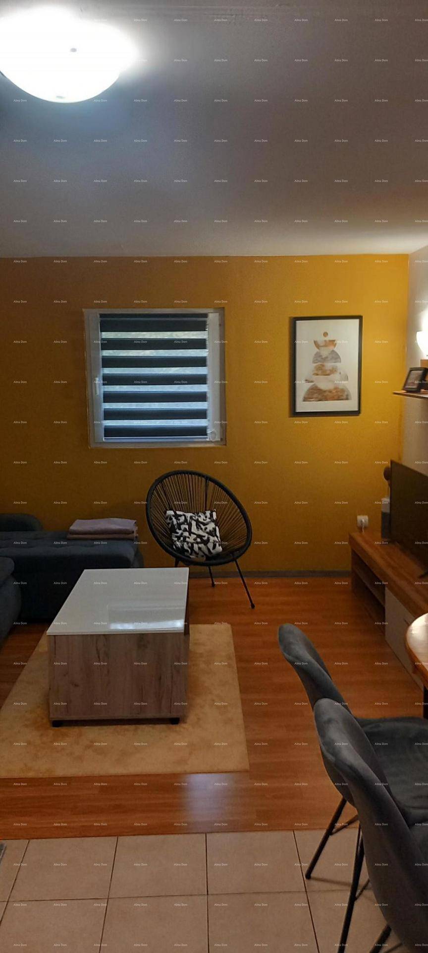 Wohnbereich mit gelber Akzentwand, modernem Couchtisch und Fenster für Tageslicht.
