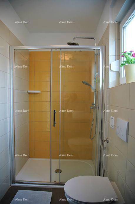 Funktionales Badezimmer mit Duschkabine, WC und Fenster, die Duschwand ist mit gelben Fliesen versehen.