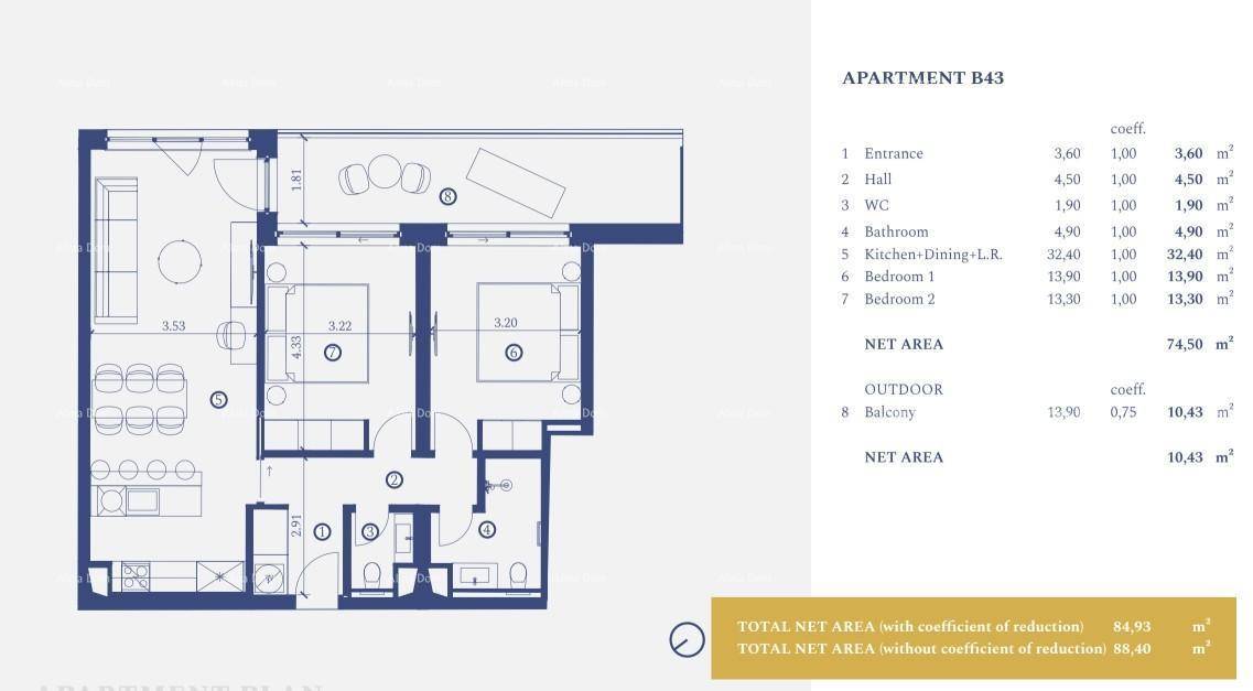 Grundriss einer Wohnung mit zwei Schlafzimmern, offenem Wohnbereich und Balkon.