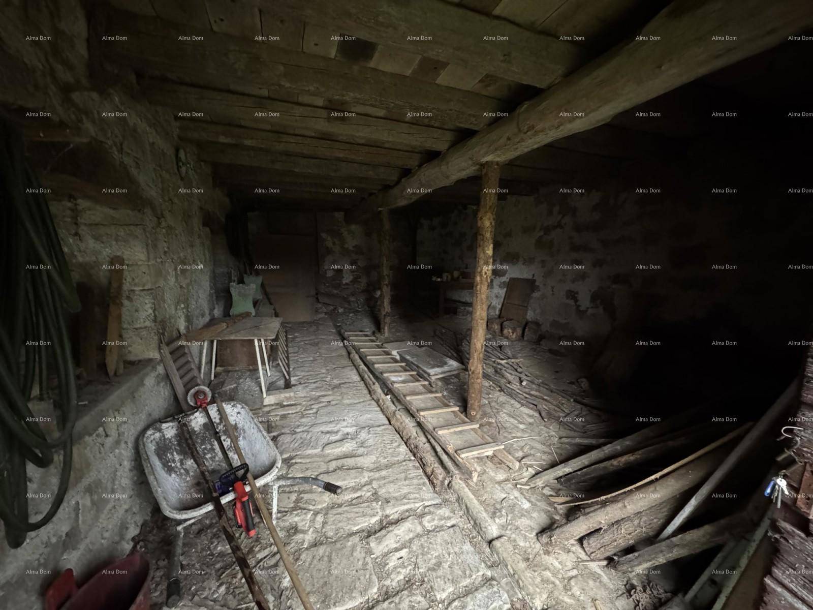 Rustikaler Kellerraum mit Steinwänden, sichtbaren Holzbalken und Lagergegenständen.