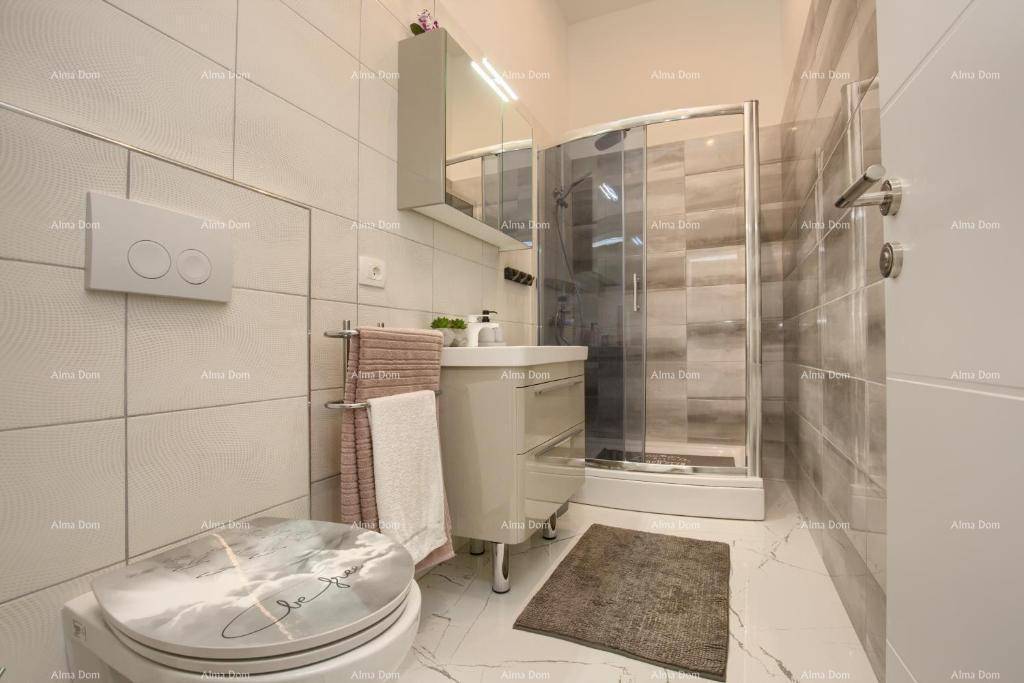 Kompaktes Badezimmer mit Duschkabine, wandhängendem WC und Spiegelschrank.