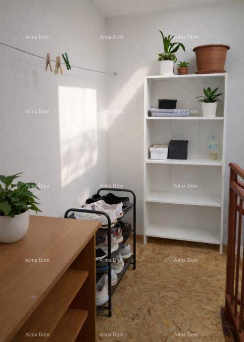 Heller Flur mit praktischen Schuhregalen und einem Bücherregal für zusätzlichen Stauraum.