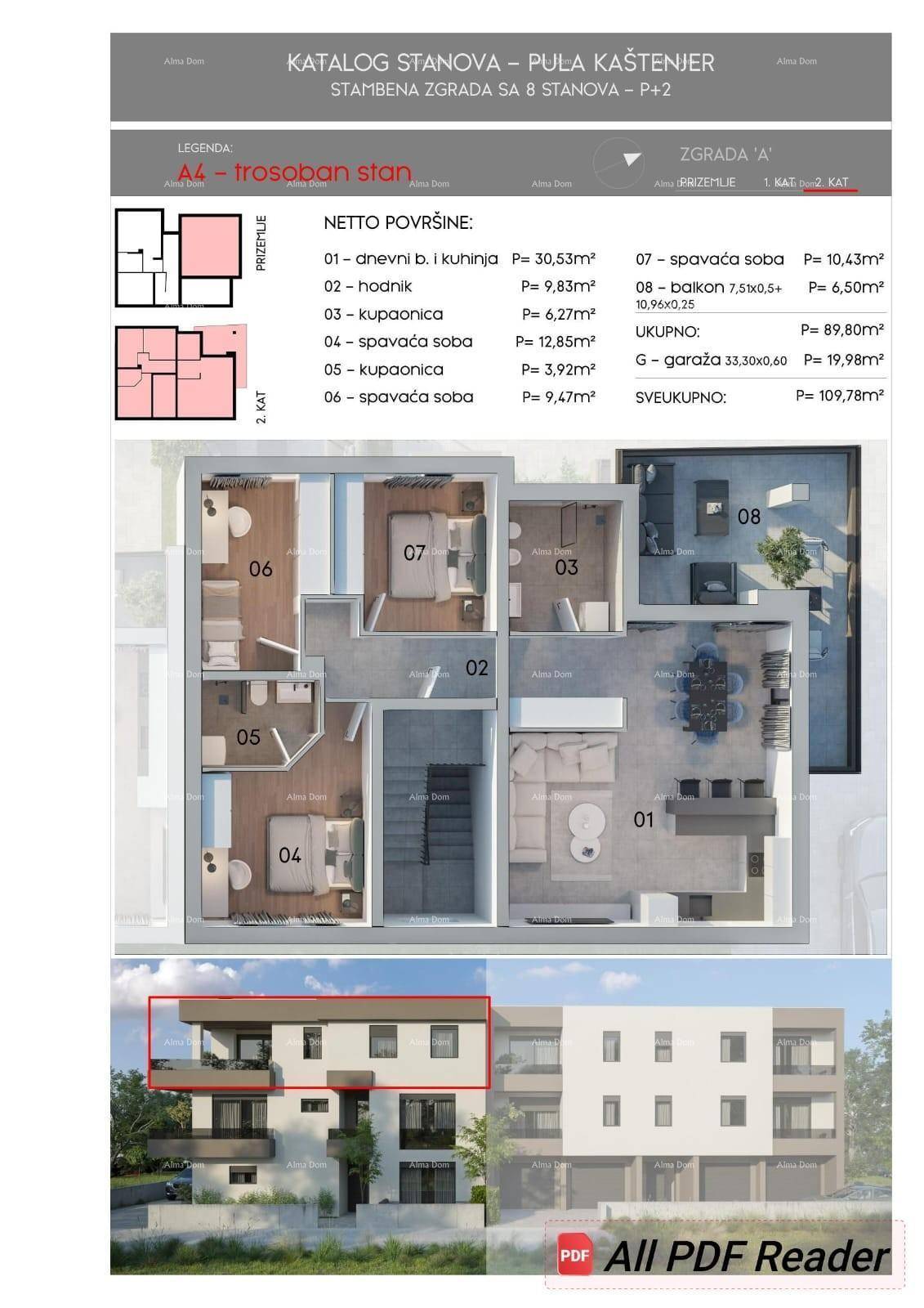 Grundriss eines Apartments mit drei Schlafzimmern, offenem Wohnbereich und Flächenangaben.