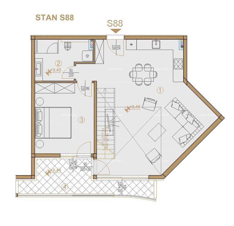 Grundriss einer Wohnung mit offenem Wohnbereich, einem Schlafzimmer und Balkon.