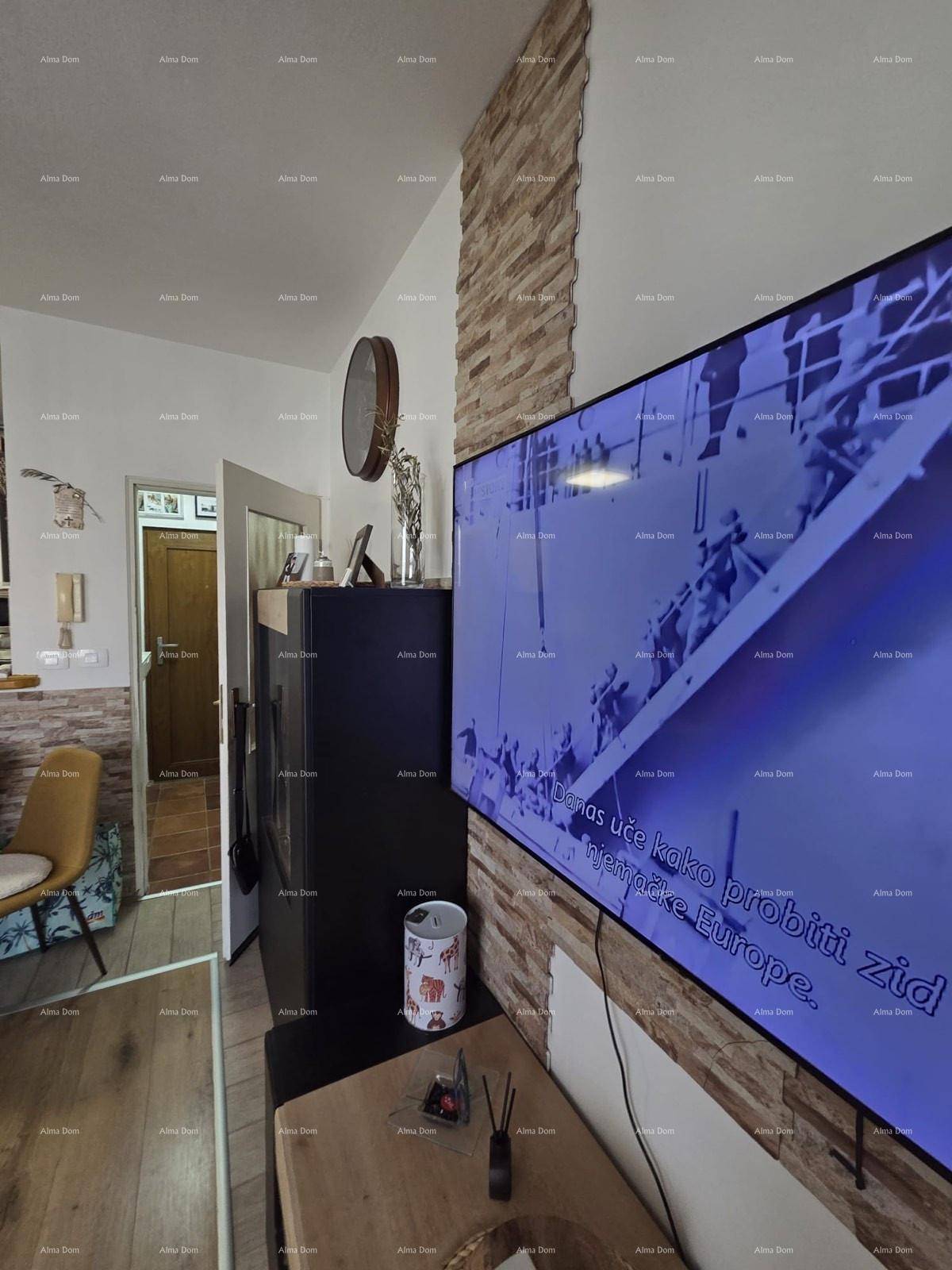 Detailansicht des Wohnzimmers mit Fernseher, Steinwand und Blick in den angrenzenden Flur.