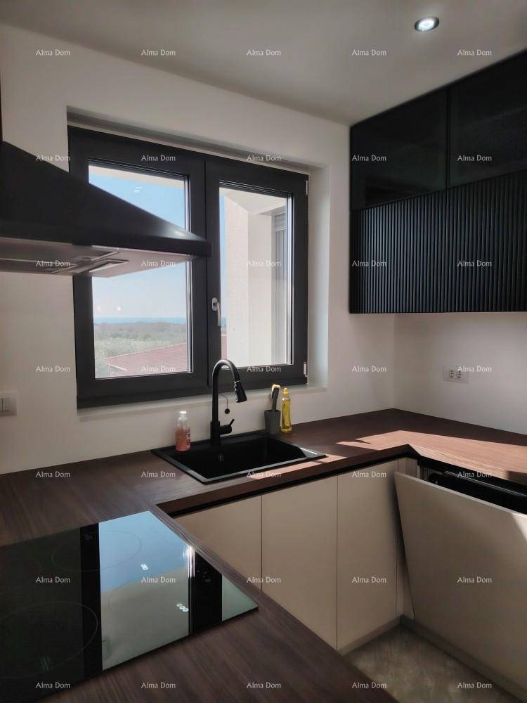 Moderne Küche mit dunklen Arbeitsplatten, Spüle und Induktionskochfeld unter einem Fenster.
