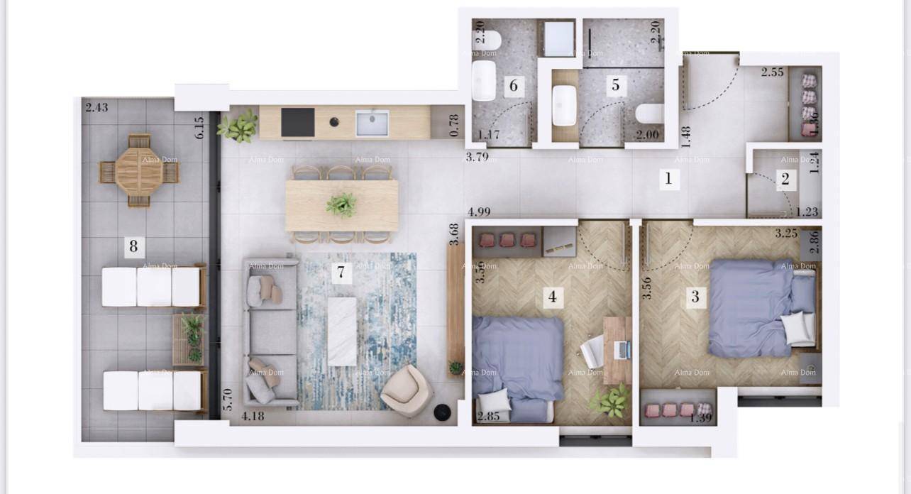 Detaillierter Grundriss einer Wohnung mit drei Schlafzimmern, offenem Wohnbereich und großer Terrasse.