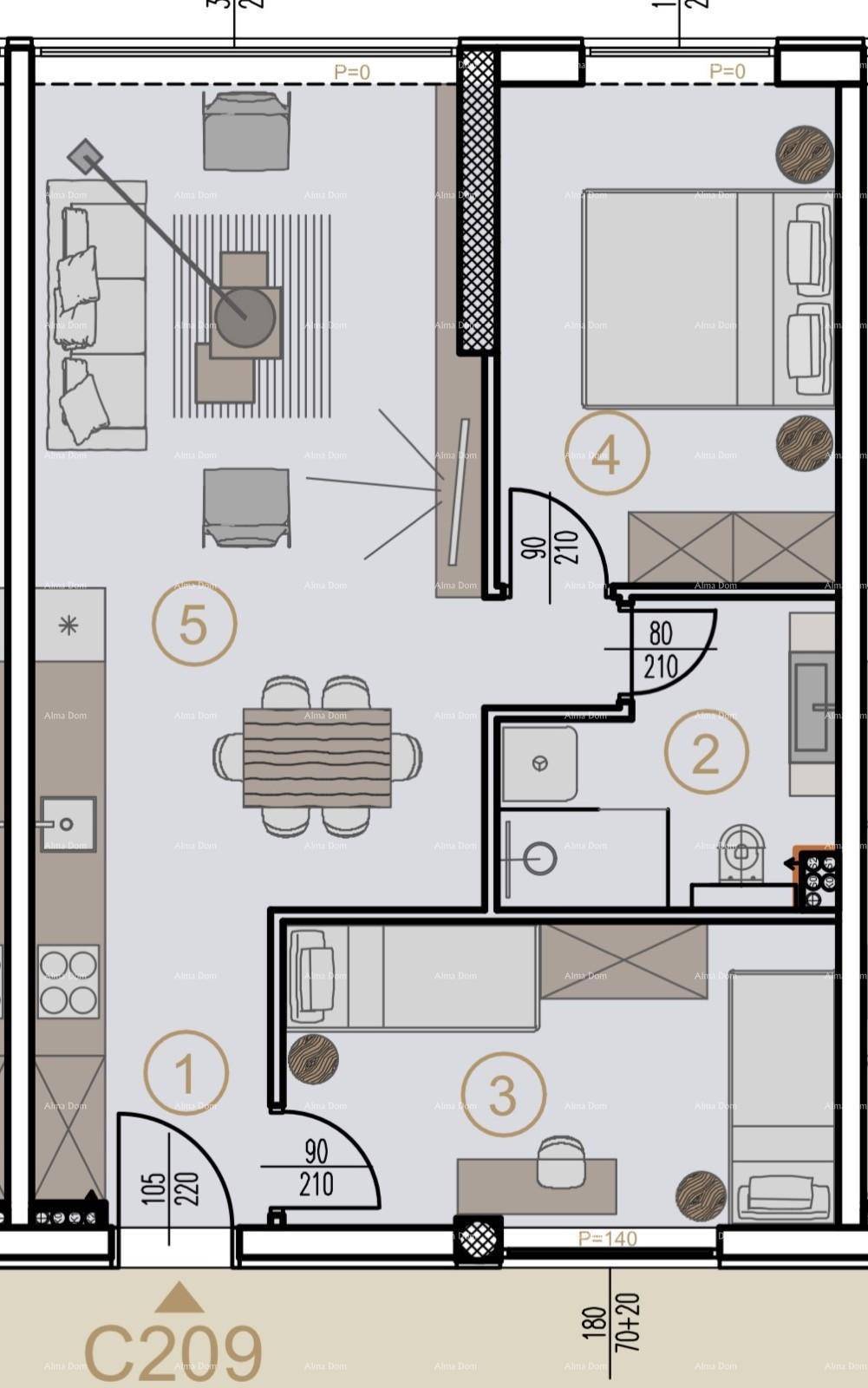 Grundriss einer Wohnung mit offenem Wohn-Essbereich, zwei Schlafzimmern und einem Badezimmer.