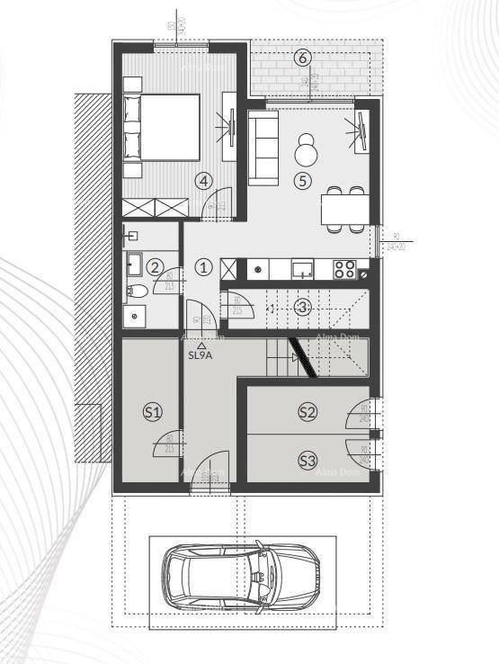 Grundriss einer Wohnung mit einem Schlafzimmer, offenem Wohnbereich und integriertem Parkplatz.