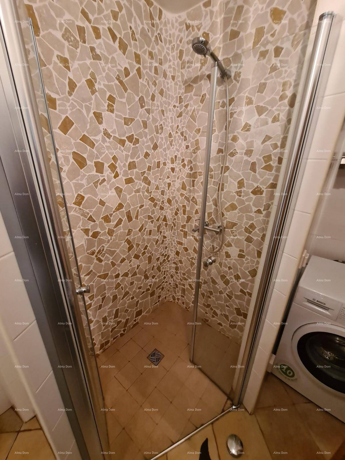 Duschkabine mit dekorativen Mosaikfliesen und einer praktischen Waschmaschine im Badezimmer.