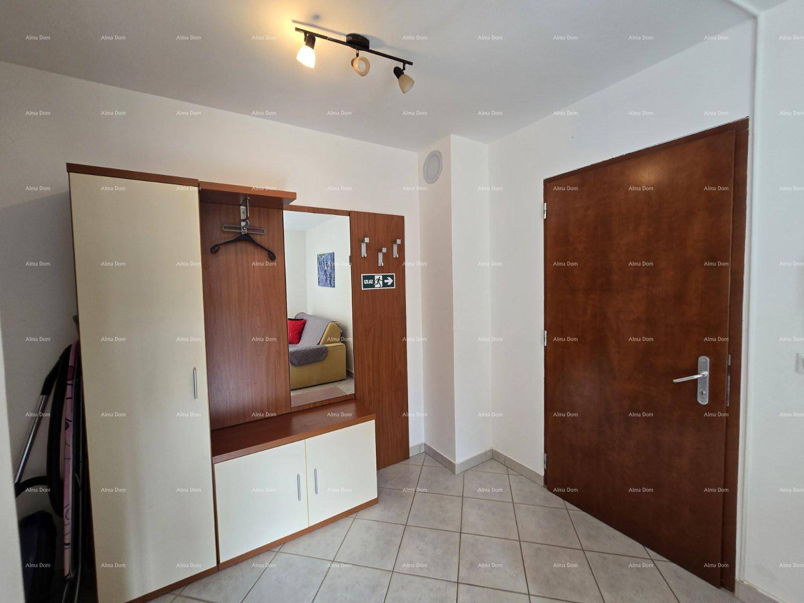 Eingangsbereich mit Garderobenschrank, Spiegel und der Haupttür, auf Fliesenboden.