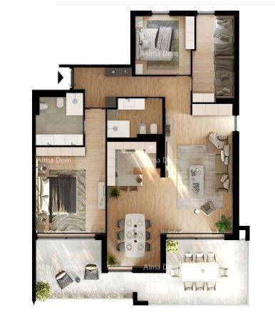 Detaillierter Grundriss mit zwei Schlafzimmern, offenem Wohnbereich, zwei Bädern und großer Terrasse.