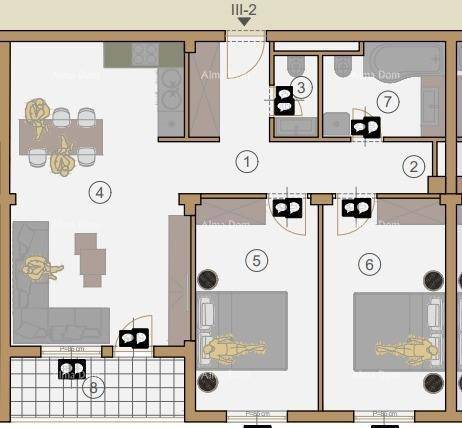 Grundriss einer Wohnung mit offenem Wohnbereich, zwei Schlafzimmern und einem Balkon.