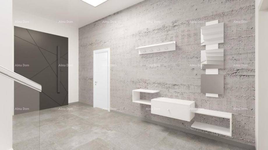 Moderner Flur mit Sichtbetonwand, schwebenden Möbeln und minimalistischem Design.