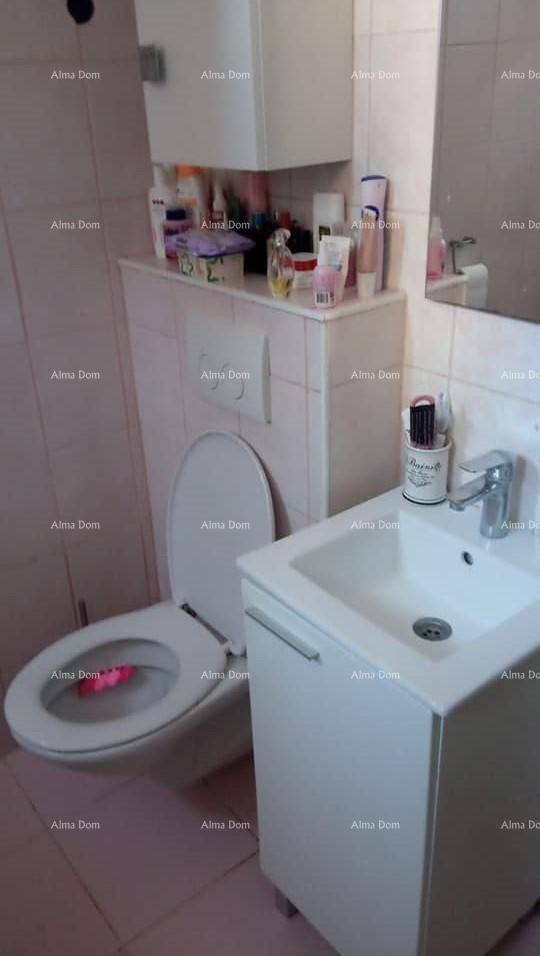 Funktionales Badezimmer mit wandhängendem WC, Einzelwaschbecken und Spiegelschrank.