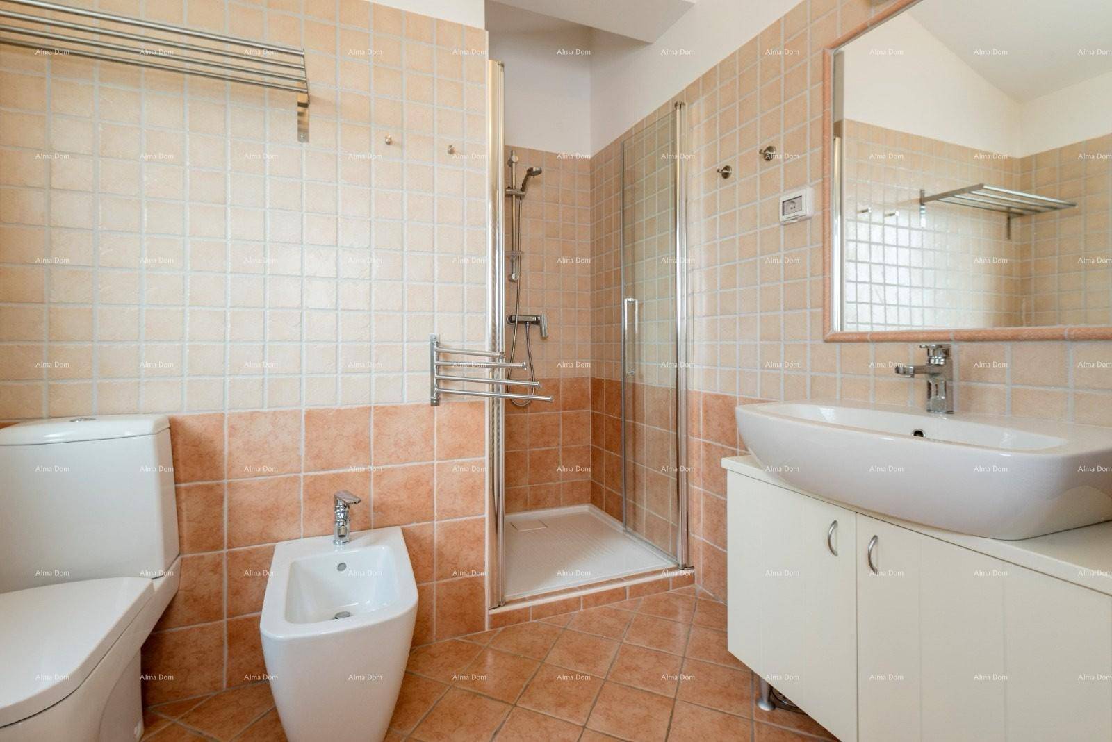 Funktionales Badezimmer mit Duschkabine, WC, Bidet und einem Waschbecken auf einem modernen Waschtisch.