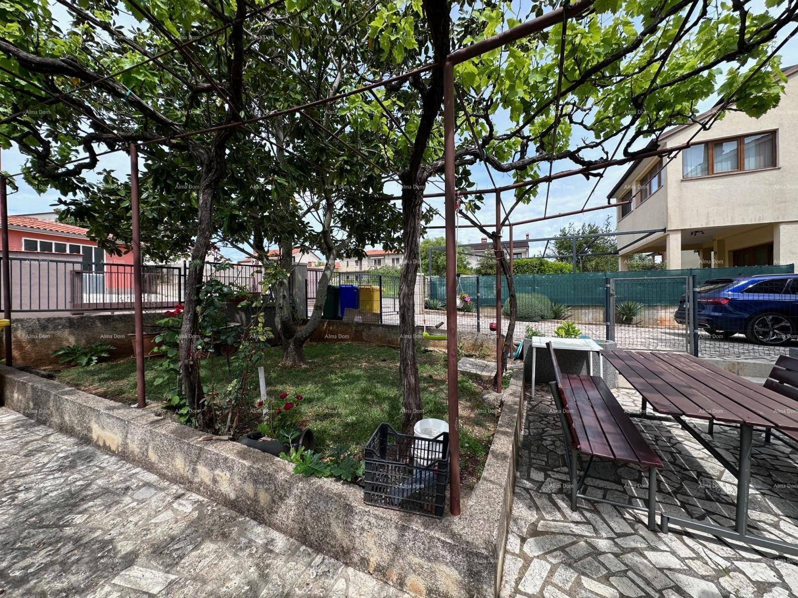 Gartenbereich mit gepflasterter Terrasse, Sitzgelegenheiten und einer Pergola mit Weinreben.