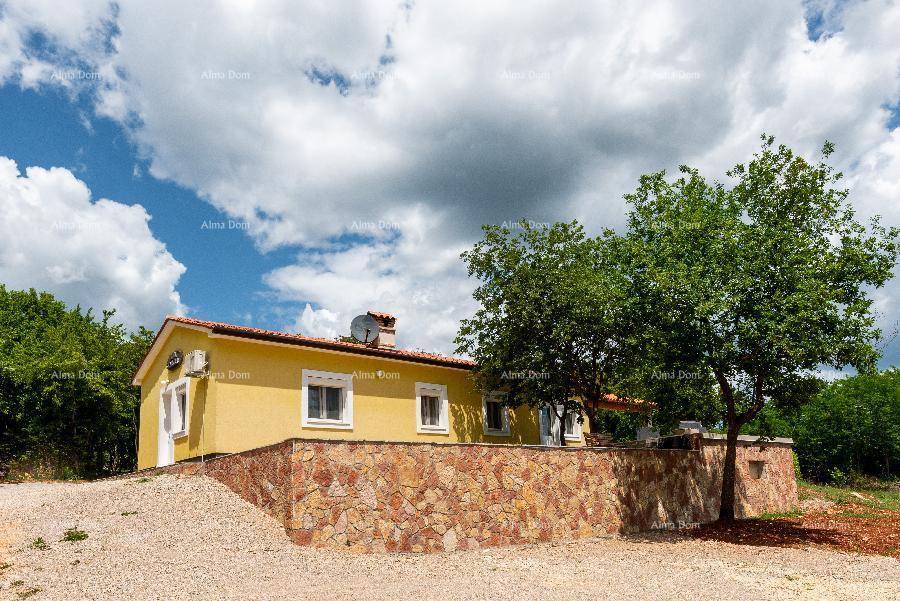 Seitenansicht des gelben Hauses mit dekorativer Steinmauer und umgebender Natur.