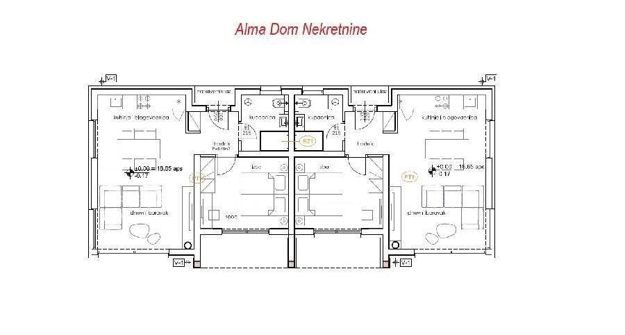 Symmetrischer Grundriss für zwei Wohneinheiten mit identischer Raumaufteilung und zentralem Eingangsbereich.
