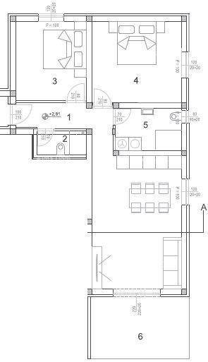 Grundriss einer Wohnung mit offenem Wohnbereich, zwei Schlafzimmern und einer Terrasse.