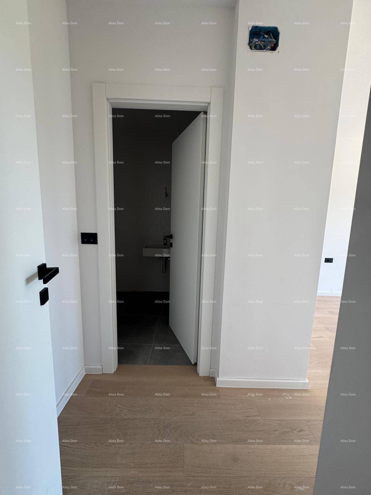 Heller Flur mit Holzboden, der zu einem Badezimmer oder WC mit dunklen Fliesen führt.