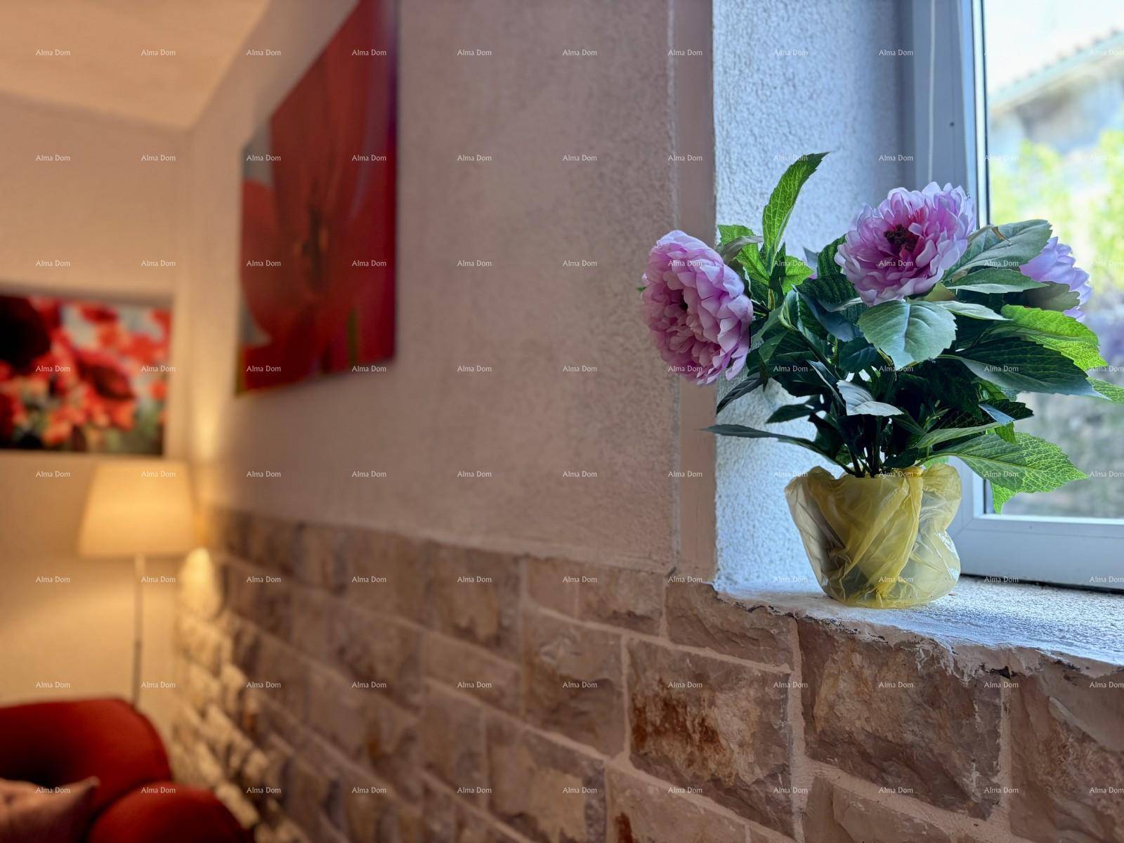 Nahaufnahme eines Fensters mit Topfpflanze und der charakteristischen Steinwand im Innenbereich.