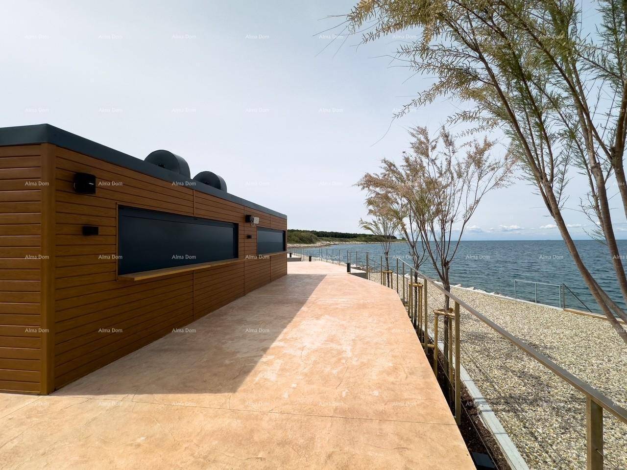 Lange Terrasse entlang eines modernen Gebäudes mit Holzfassade und direktem Meerzugang.