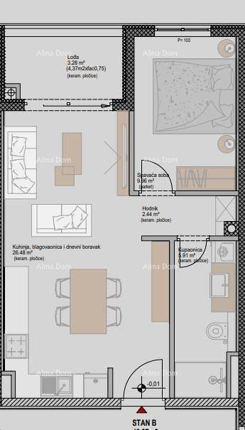 Grundriss einer Wohnung mit offenem Wohnbereich, einem Schlafzimmer und Balkon.