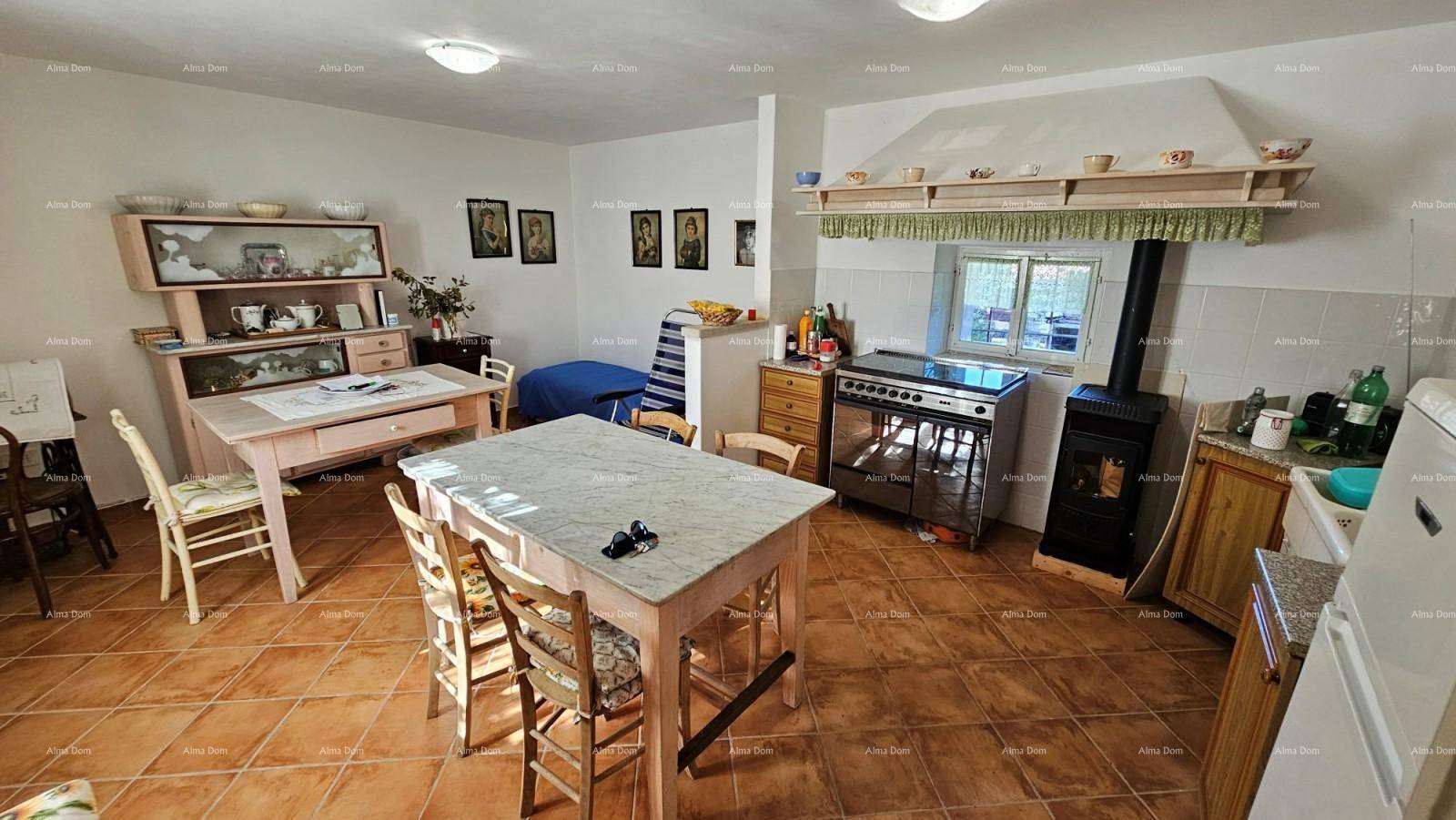 Rustikale Wohnküche mit Terrakottaboden, Holzofen und traditionellen Möbeln.