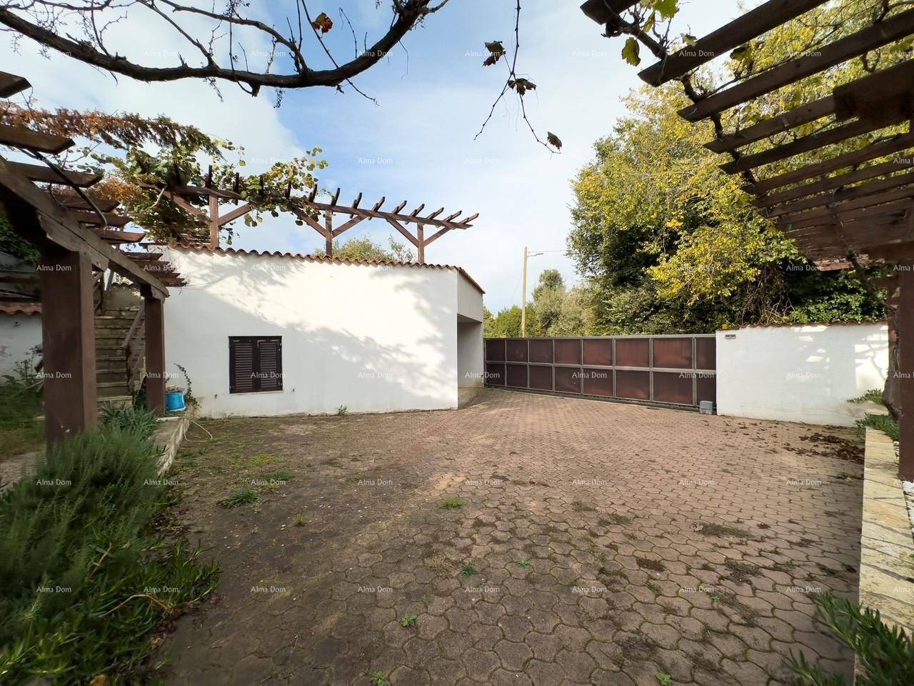 Gepflasterter Hofbereich mit Zufahrt zu einer Garage und einem großen Metalltor, umgeben von Vegetation.