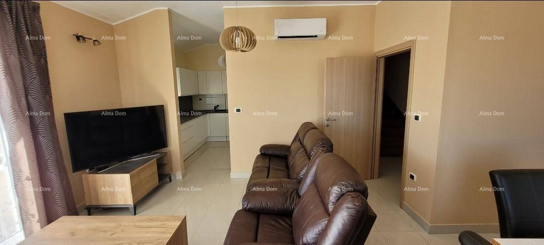 Wohnbereich mit Ledersofa, Fernseher und Zugang zur Küche im Hintergrund.