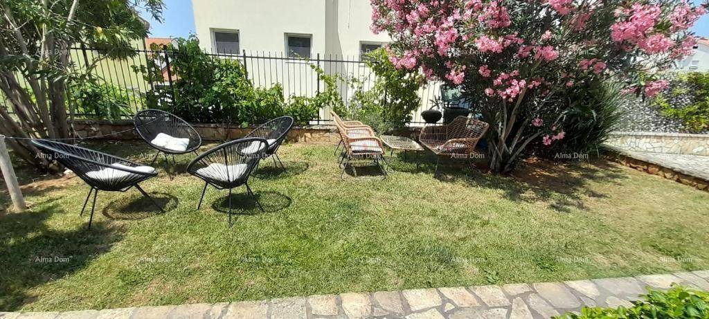 Gepflegter Garten mit Rasenfläche und modernen Sitzgelegenheiten unter blühenden Bäumen.