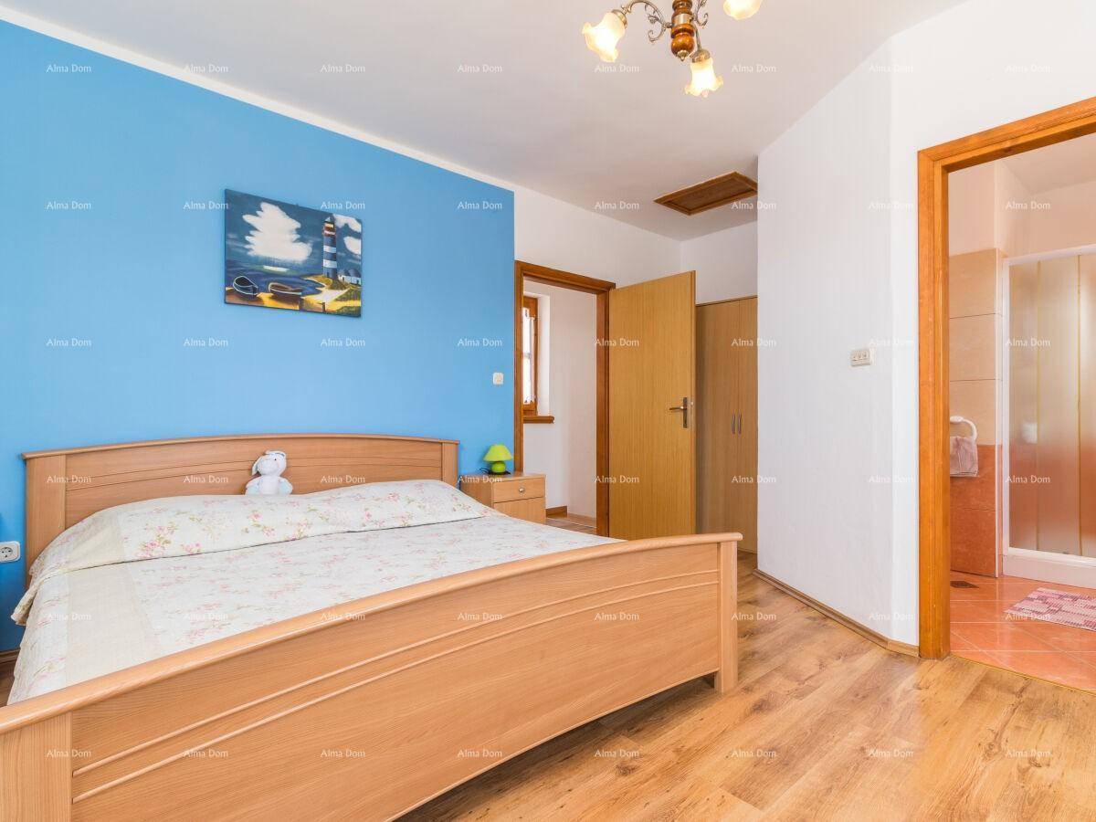 Schlafzimmer mit Holzboden, blauer Wand und Zugang zu einem angrenzenden Badezimmer.