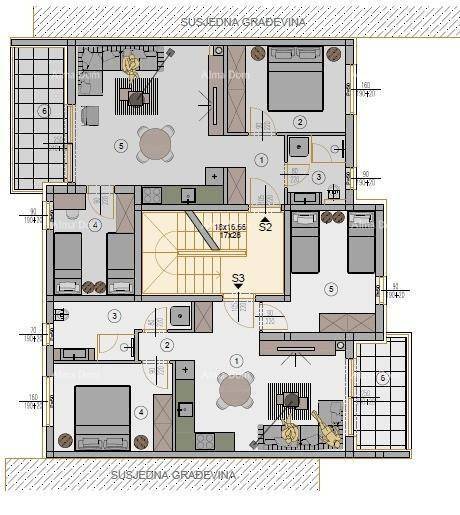 Grundrissplan einer Wohnung mit zwei Schlafzimmern, offenem Wohnbereich und Balkon.