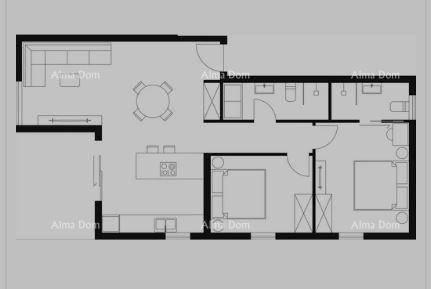 Grundriss einer Wohnung mit offenem Wohnbereich, zwei Schlafzimmern und zwei Bädern.