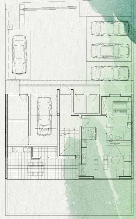 Grundriss mit Parkplätzen, Treppenhaus und Wohnbereichen auf mehreren Ebenen des Gebäudes.