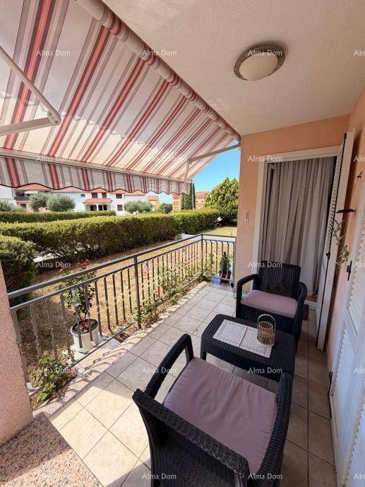 Überdachter Balkon mit Gartenmöbeln, Markise und Blick ins Grüne.