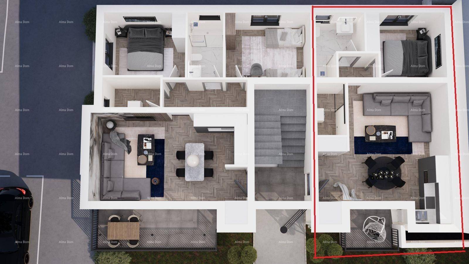 Detaillierter Grundriss mit Möblierung, der verschiedene Wohneinheiten und deren Raumaufteilung darstellt.