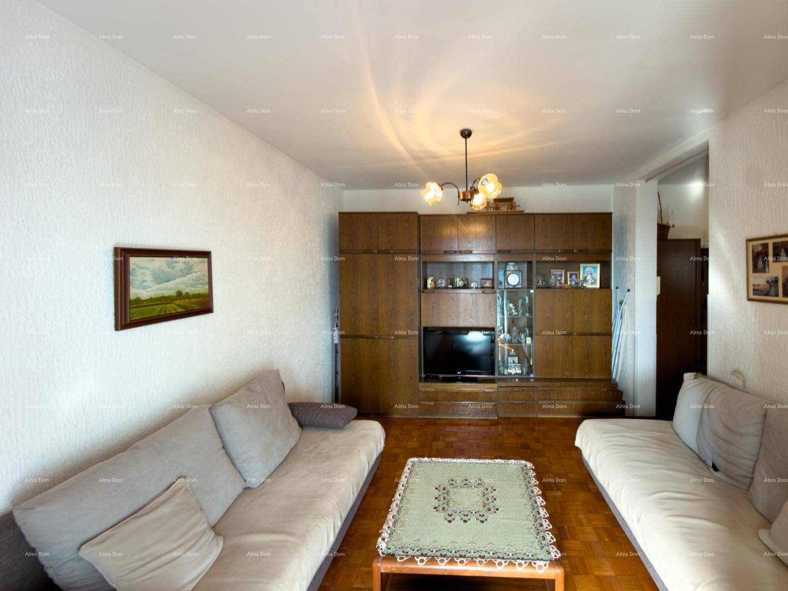 Wohnzimmer mit Parkettboden, zwei Sofas und einer großen Schrankwand.