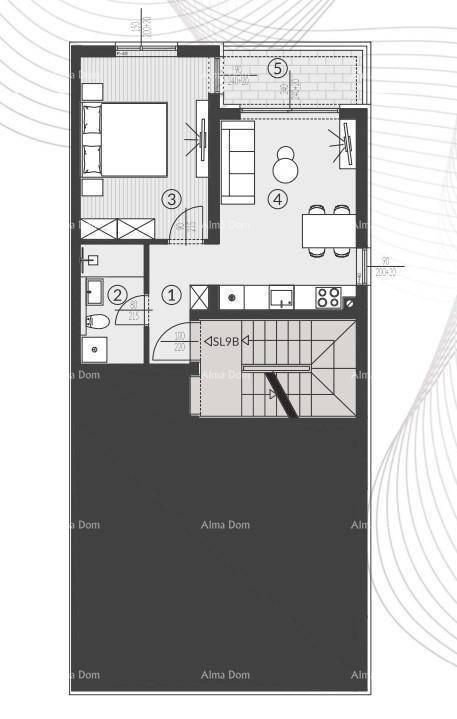 Grundriss einer Wohnung mit Schlafzimmer, Wohnbereich, Bad und Terrasse.