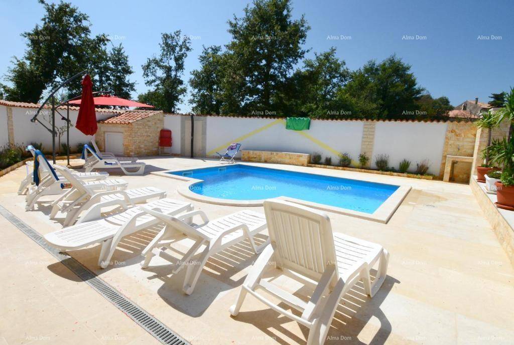 Sonniger Poolbereich mit zahlreichen Liegestühlen und ummauertem Garten.