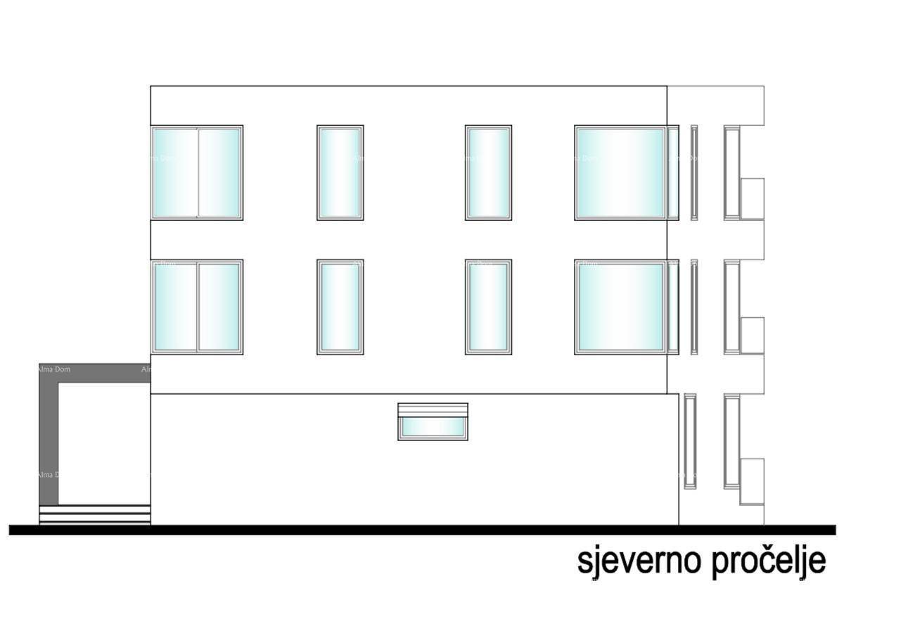 Architektonische Zeichnung der Nordfassade mit symmetrischen Fensteranordnungen.
