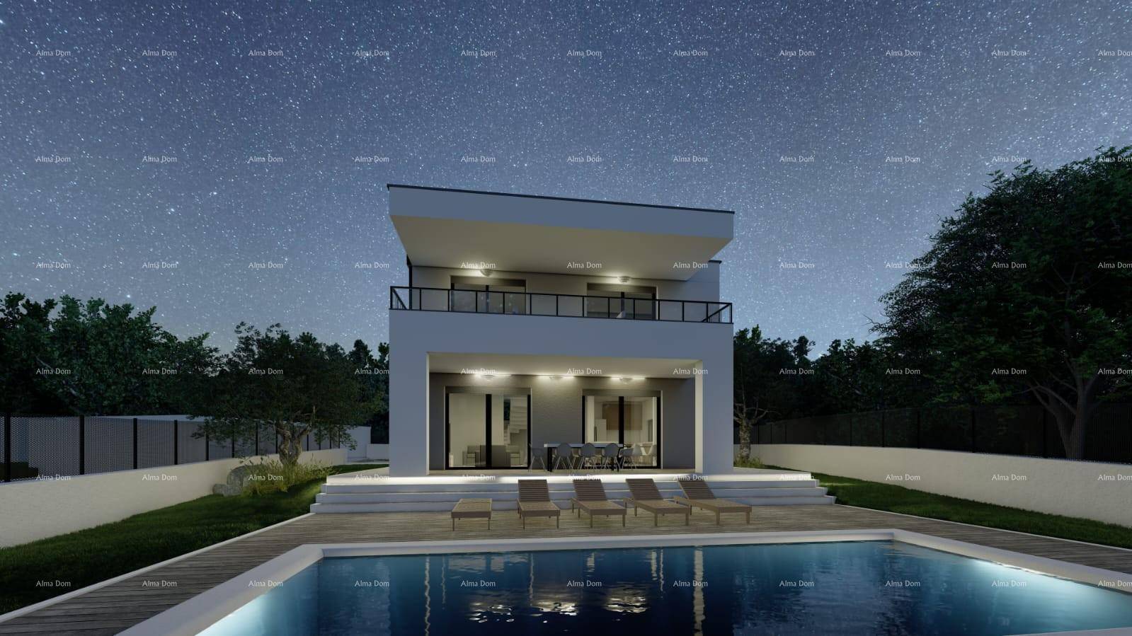Nachtansicht einer modernen Villa mit beleuchtetem Pool und Terrasse unter einem Sternenhimmel.