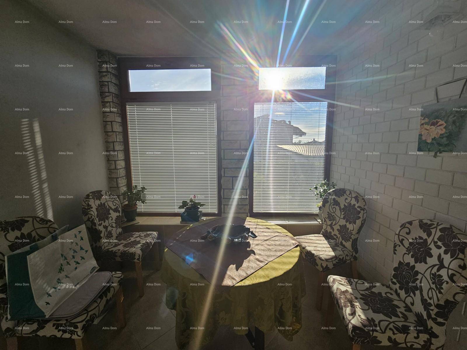 Gemütlicher Sitzbereich mit zwei Fenstern, die viel Sonnenlicht hereinlassen, und gemusterten Sesseln.