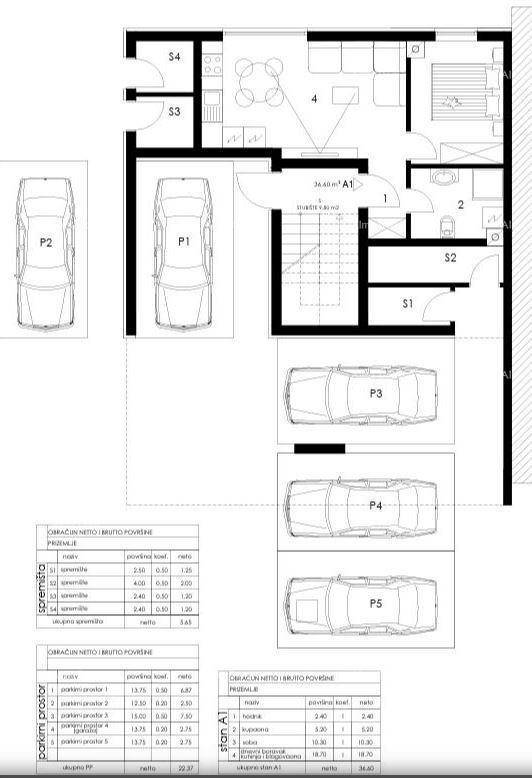 Grundrissplan einer Wohnung mit offenem Wohnbereich, Schlafzimmer und mehreren Parkplätzen.