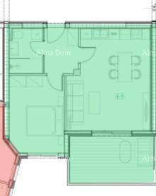 Grundriss einer Wohnung mit offenem Wohnbereich, Schlafzimmer und Balkon.