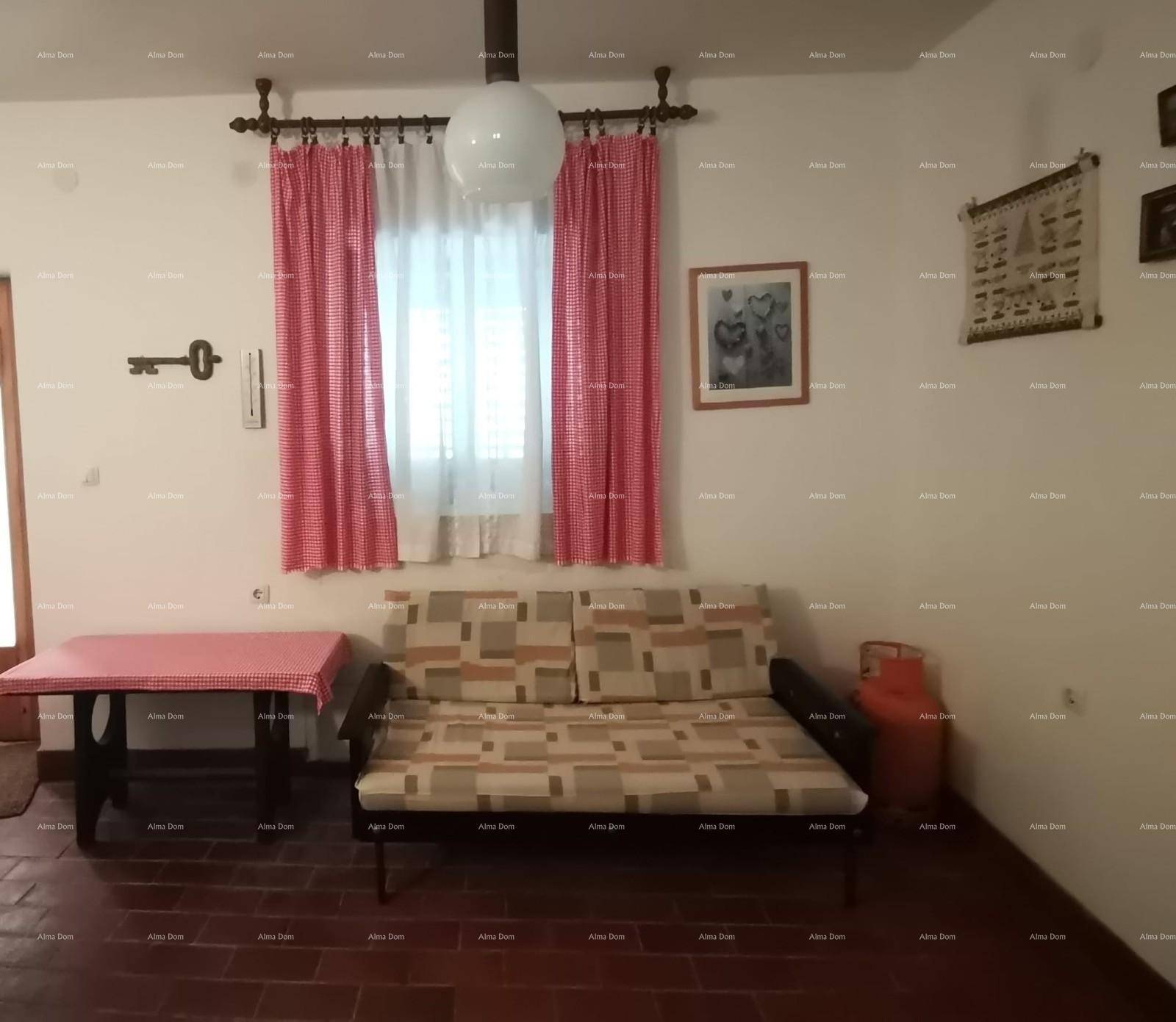 Wohnzimmer mit Sofa, Tisch und Fenster mit rot-weiß karierten Vorhängen.