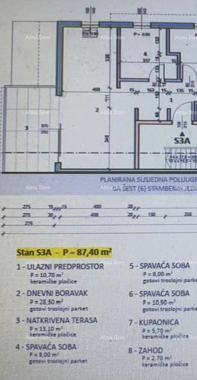 Grundrissplan einer Wohnung mit 87,40 m² und mehreren Zimmern, inklusive überdachter Terrasse.