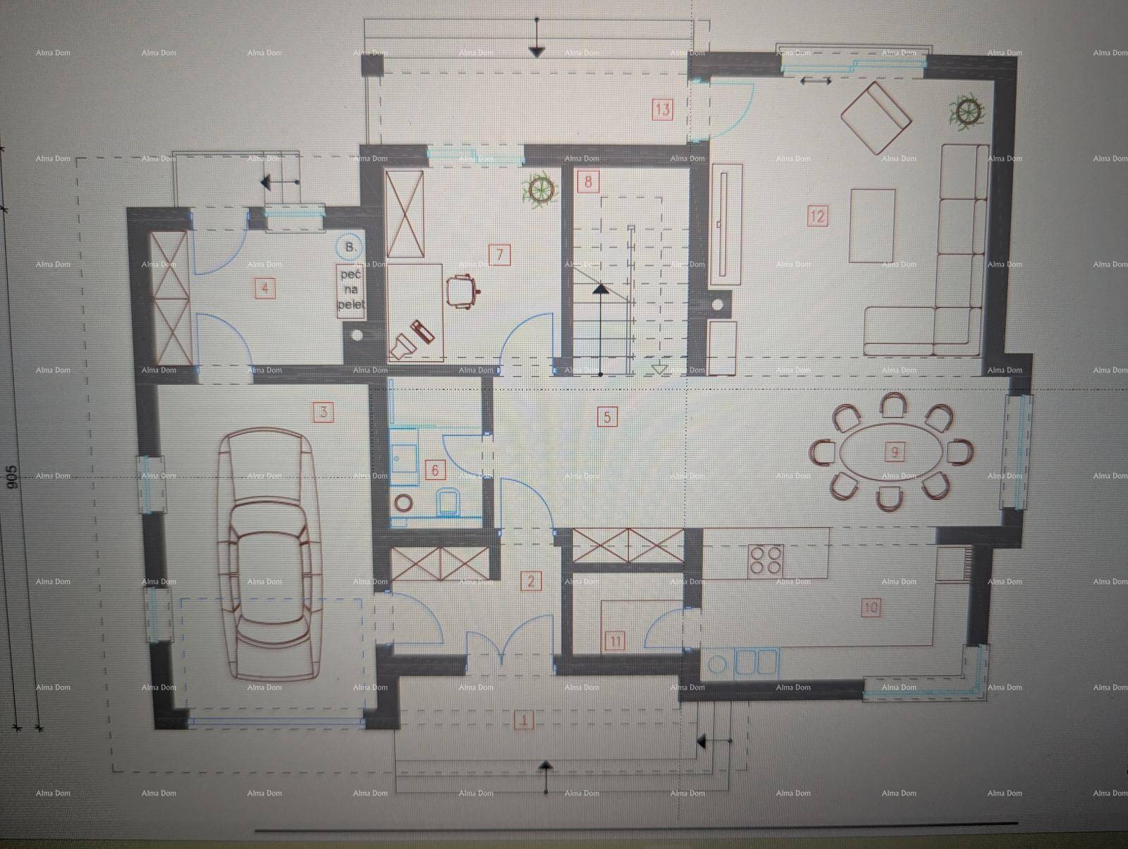 Grundriss des Erdgeschosses mit offener Küche, Essbereich, Wohnzimmer und integrierter Garage.