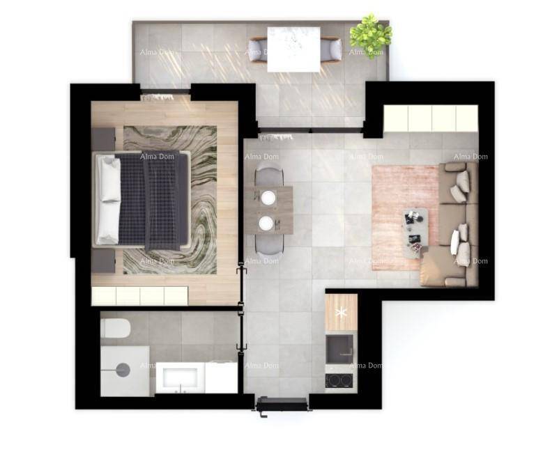 Detaillierter Grundriss einer Wohnung mit Schlafzimmer, Bad, Wohnbereich und Terrasse.